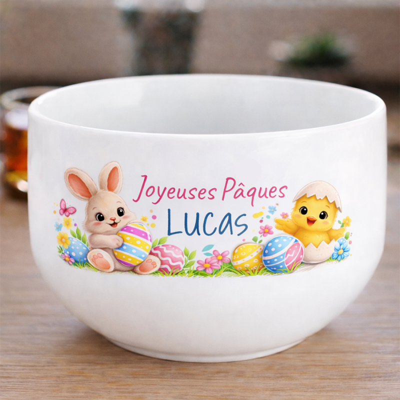 Bol personnalisé Pâques avec prénom – Lapin, poussin et œufs