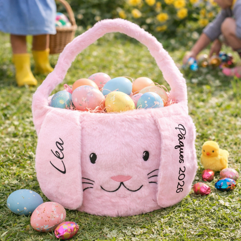 Panier de Pâques personnalisé enfant rose – Panier lapin doux