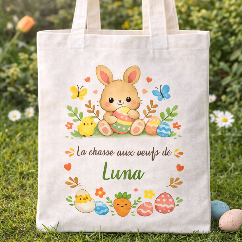 Tote bag Pâques personnalisé prénom – Sac chasse aux œufs enfant
