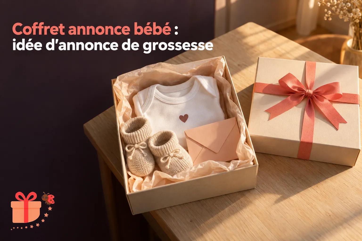 Boîte cadeau ouverte contenant un body blanc, des chaussons et une enveloppe, à côté d'une boîte fermée avec un ruban rose.