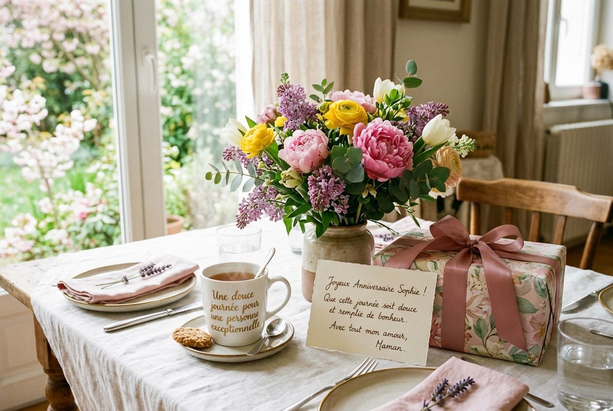 Bouquet de fleurs colorées sur une table dressée pour la fête des mères 2026, accompagnée d’un cadeau joliment emballé et d’un mot doux.