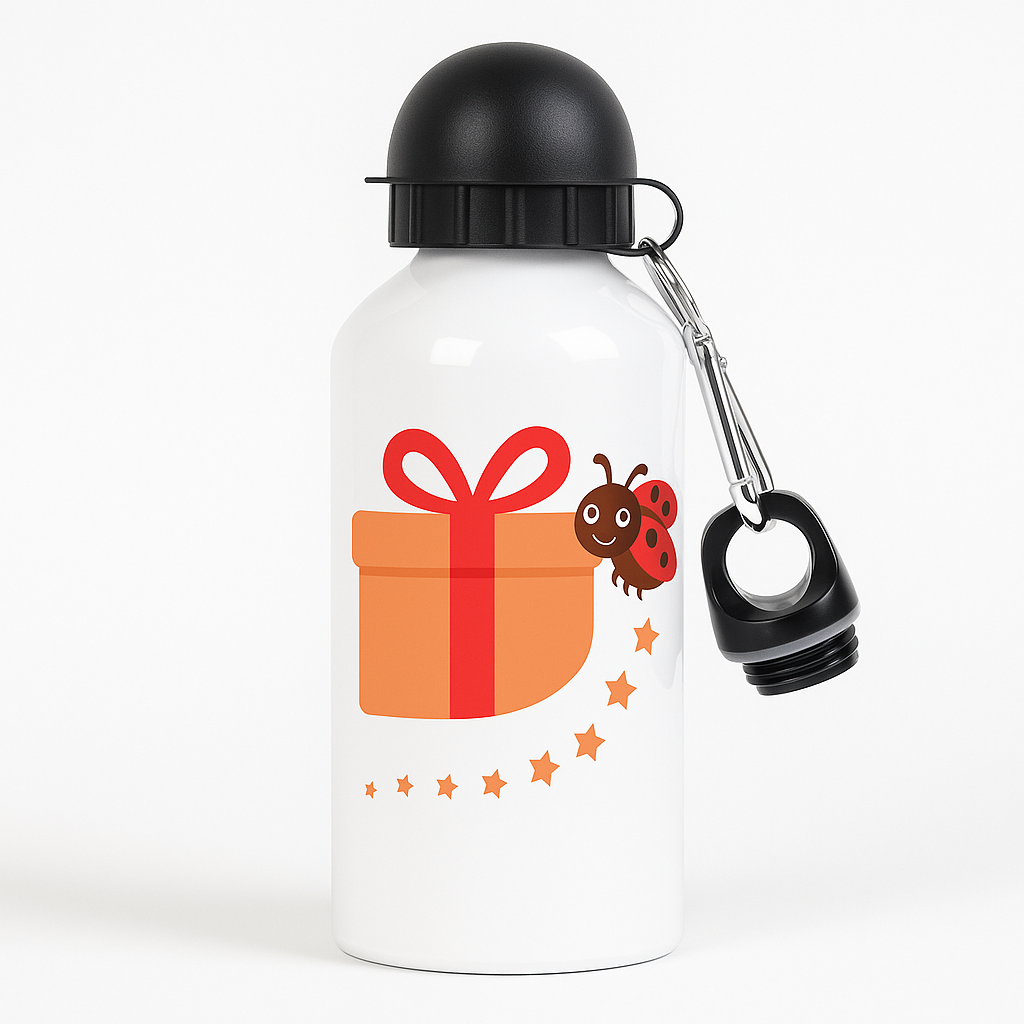 Bouteille blanche avec bouchon noir et mousqueton, décor cadeau orange à ruban rouge et petite coccinelle, motif étoiles autour. client fin d'année original