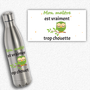 Bouteille métallique gravée et carte cadeau personnalisée “Mon maître est vraiment trop chouette” pour un cadeau original pour prof.