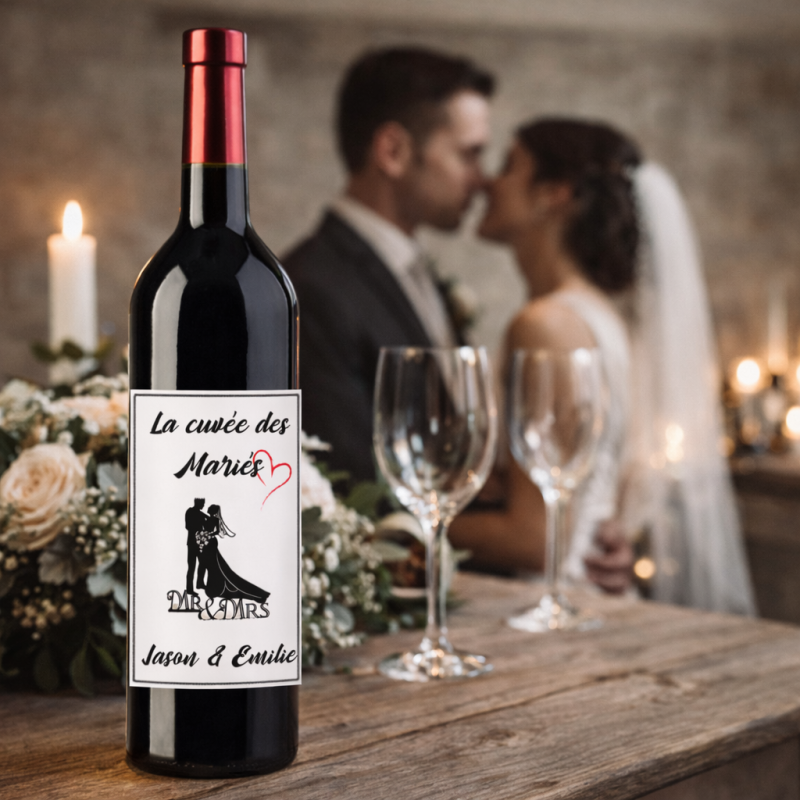 Bouteille de vin personnalisée "La cuvée des Mariés" avec illustration romantique, couple embrassant en arrière-plan et verres à vin sur une table nuptiale. x personnalisés mariage originaux