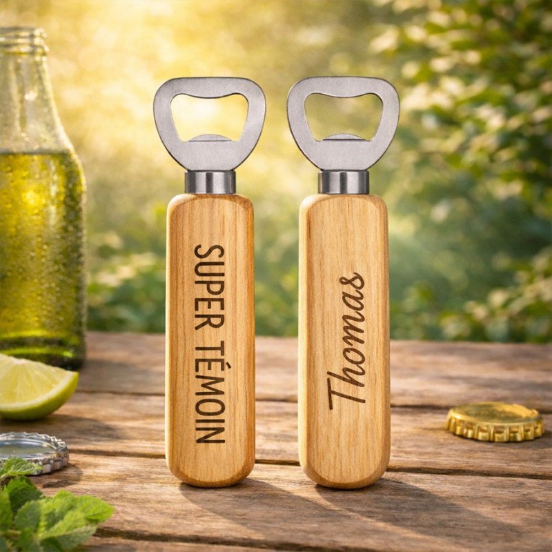 Bouteilles-capsules en bois gravées “SUPER THÉMOI N” et “Thomas” avec bouchon métal, près d’un décor extérieur, cadeau personnalisé mariage original.