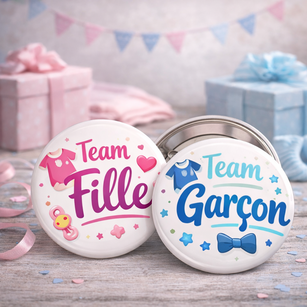 Boutons décoratifs “Team Fille” et “Team Garçon” pour annonce grossesse entre amis, avec cadeaux pastel en arrière-plan. Announce grossesse amis texte intégré.