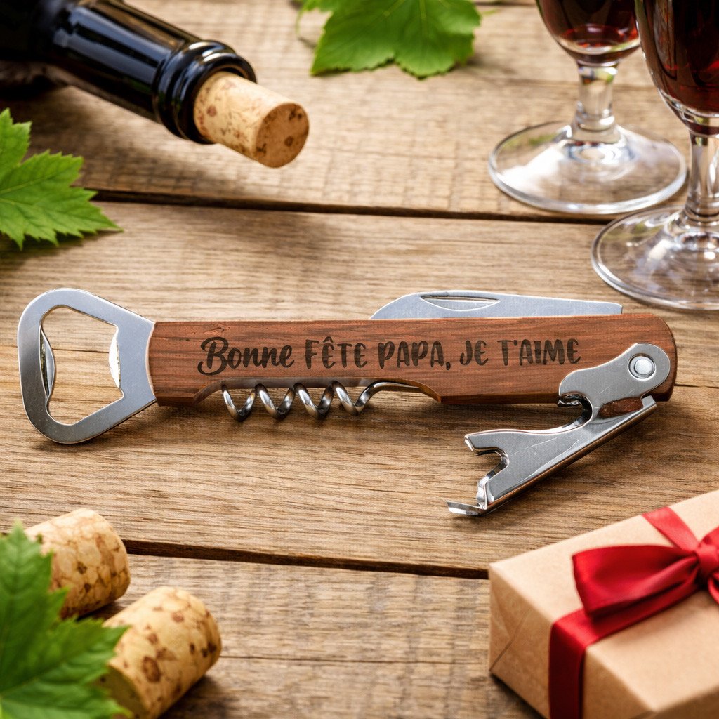 Cadeau personnalisé pour grand père par gravure : tire-bouchon multifonction gravé “Bonne fête papa, je t’aime” posé sur bois, entouré de vin et cadeau.