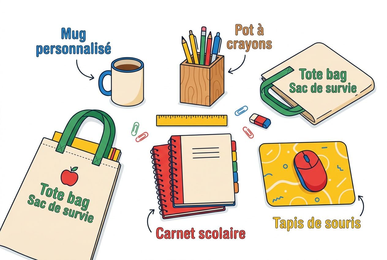 Cadeau personnalisé maître école: mug personnalisé, pot à crayons, tote bags et sac de survie, carnet scolaire et tapis de souris.