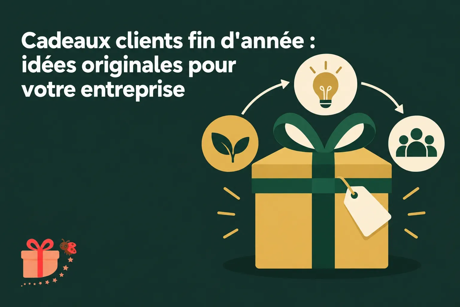 Cadeaux clients fin d'année originaux: boîte cadeau jaune avec ruban vert et étiquettes, icônes de lumière, plantes et groupe de personnes autour.