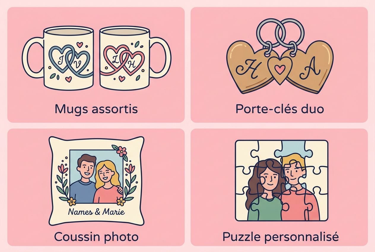Cadeaux personnalisés saint valentin : mugs assortis, porte-clés duo, coussin photo et puzzle personnalisé montrant un couple et un cadre nom.