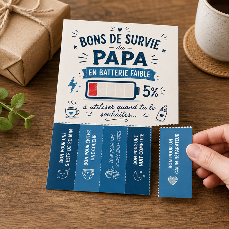 Carte cadeau humoristique “Bons de survie du PAP A” pour papa, enveloppe bleue et petit bloc détachable. id?éees cadeaux papa original.