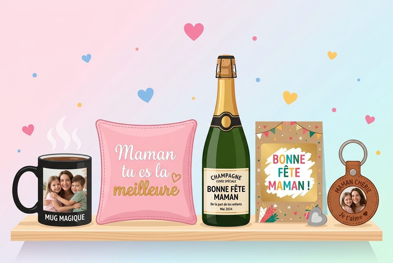 Carte et objets cadeaux pour la fête des mères : mug, coussin « Maman tu es la meilleure », bouteille de champagne, boîte cadeau « Bonne fête maman » et porte-clés photo, décor pastel. idées cadeaux f\u00eate des m\u00e8res