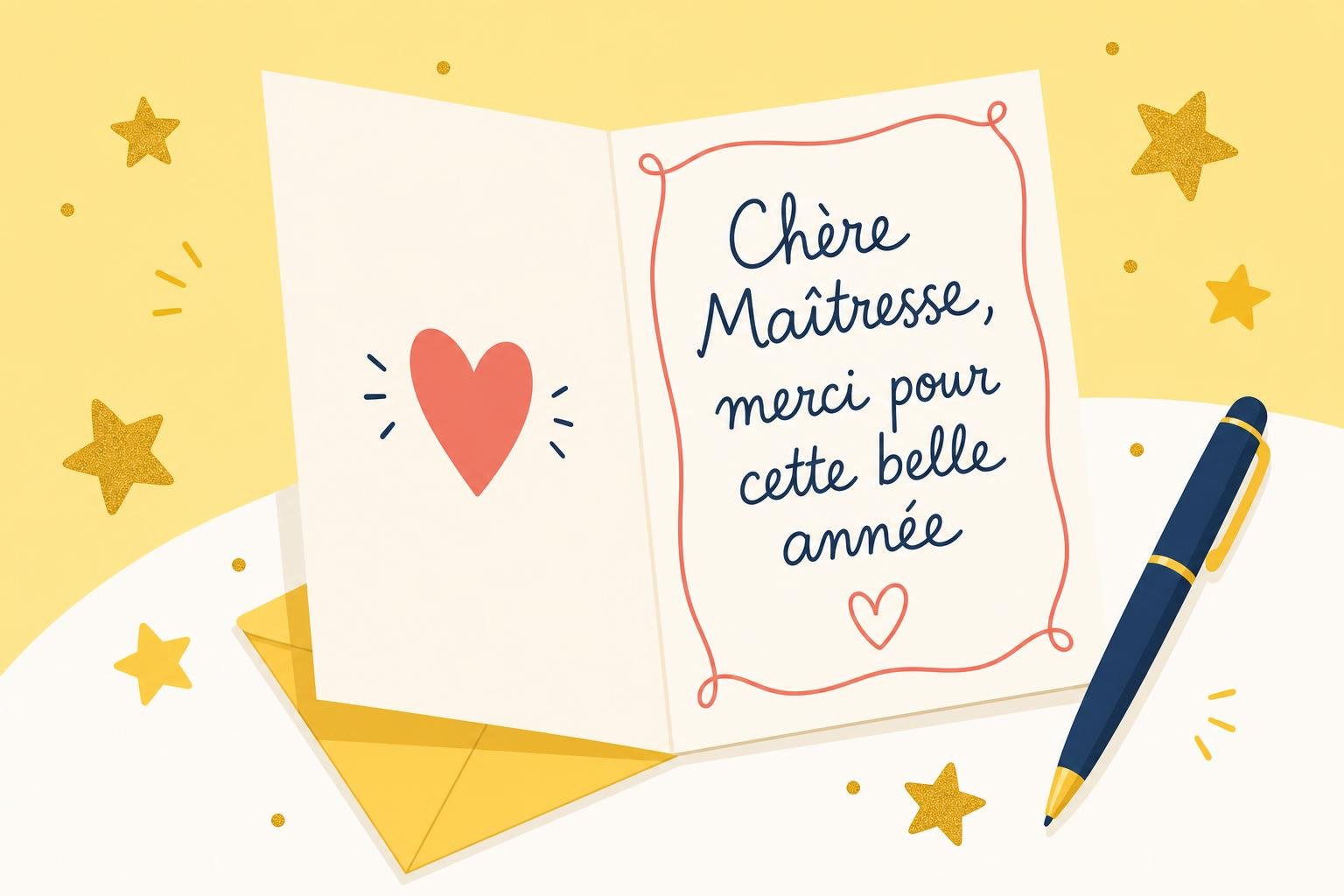 Carte de remerciement jaune avec cœur et étoiles, message « Chère Maîtresse, merci pour cette belle année ».