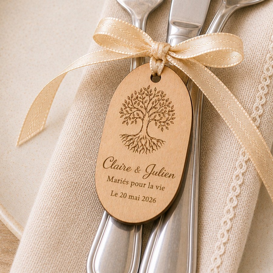 Carton personnalisé en forme d’allonge avec arbre gravé et prénoms Claire & Julien, mariés pour la vie, surmonte des couverts noués d’un ruban crème. Cadeaux que l’on peut personnaliser pour une occasion.