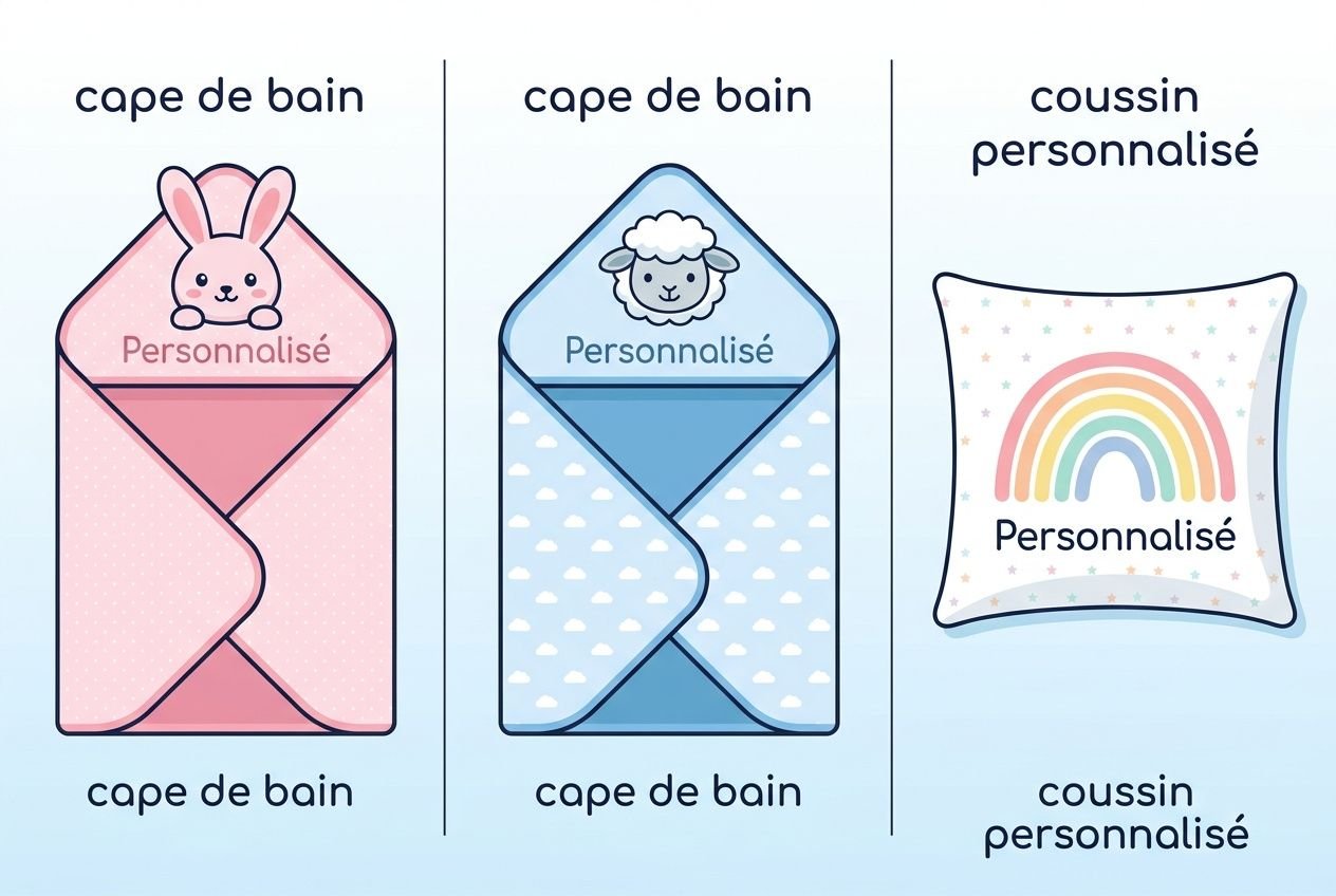 Coffret de bain personnalisé avec capes de bain et accessoires, dont un doudou lapin, un mouton et un coussin personnalisé portant un arc-en-ciel. Info: quoi offrir pour naissance bebe.