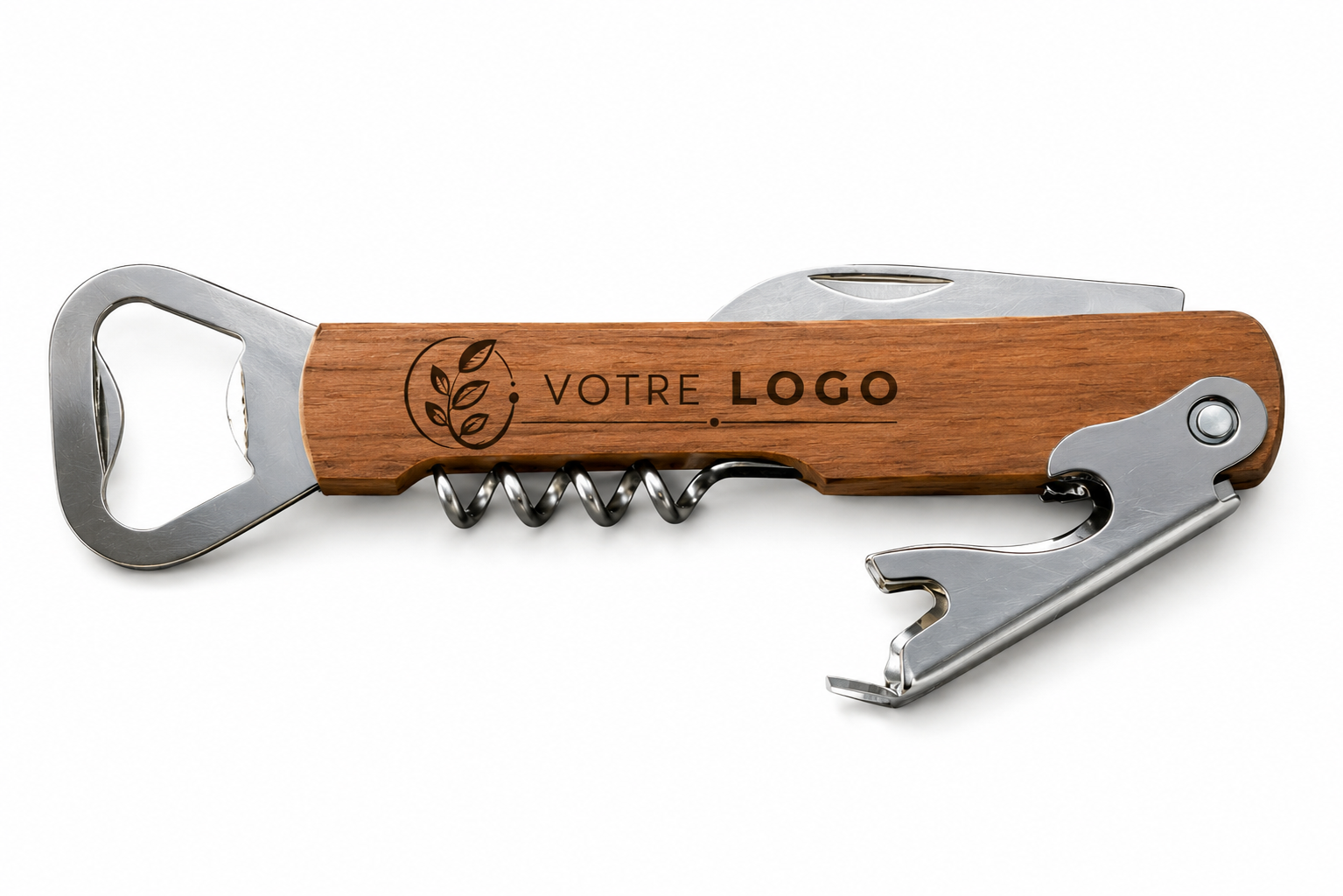 Couteau-suisse personnalisé avec bois et logo, outil élégant pour client fin d'année original.