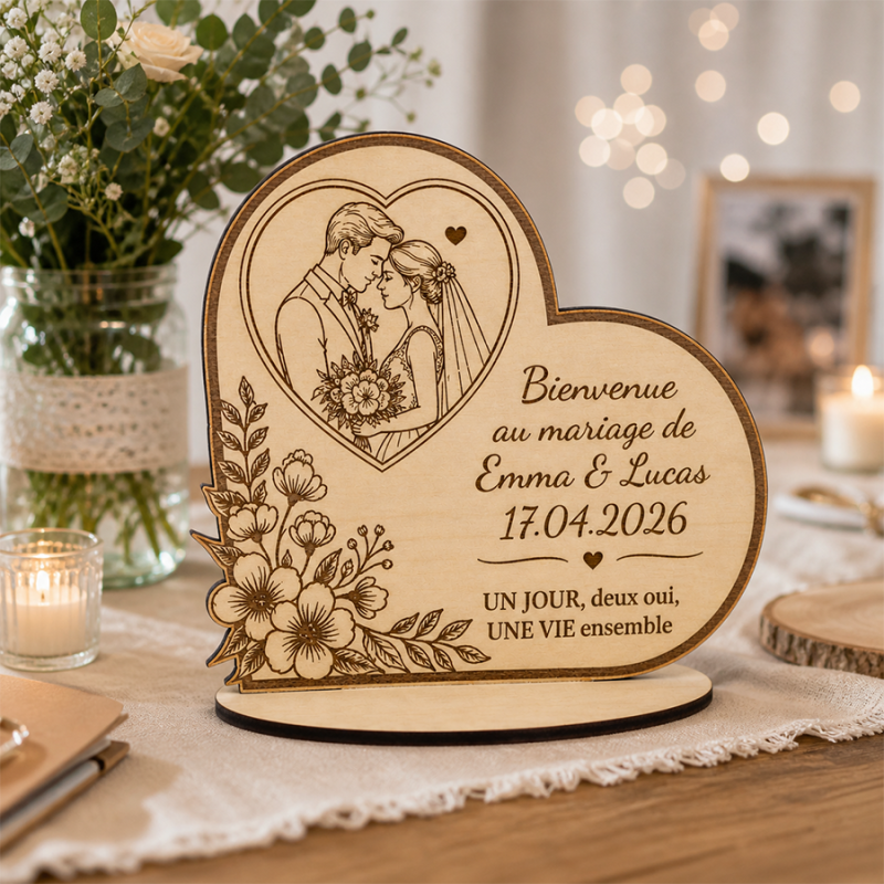 Cœur gravé en bois avec couple et fleurs, texte personnalisé “Bienvenue au mariage de Emma & Lucas 17.04.2026”, décor romantique. mariage gravé original intégré naturellement.