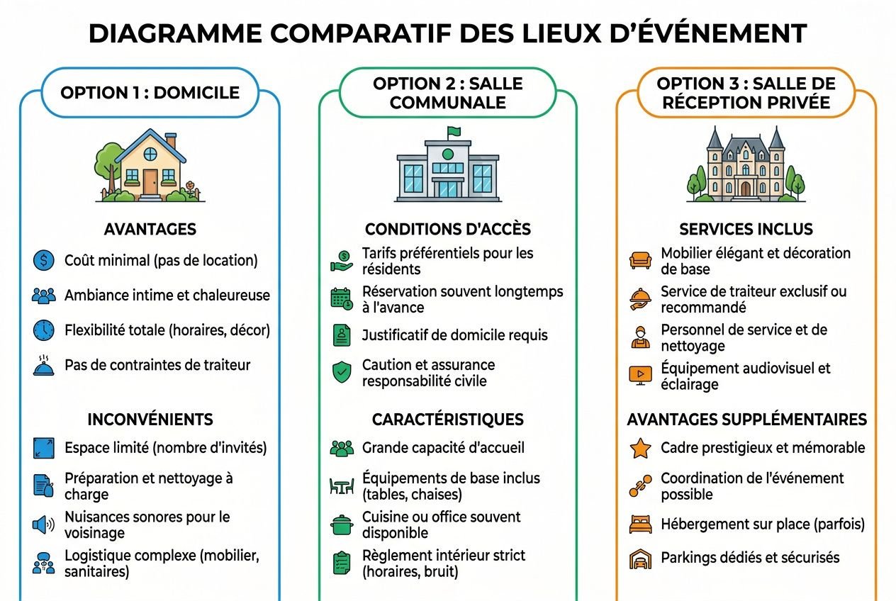 Diagramme comparatif des lieux d’événement: domicile, salle commune et salle de réception privée, avec avantages et inconvénients pour chaque option.