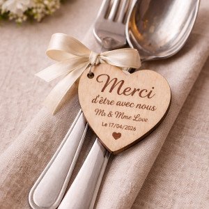 Étiquette en bois personnalisée en forme de cœur avec message « Merci », gravée pour mariage, accompagnant couverts et ruban. étiquettes en bois personnalisées mariage