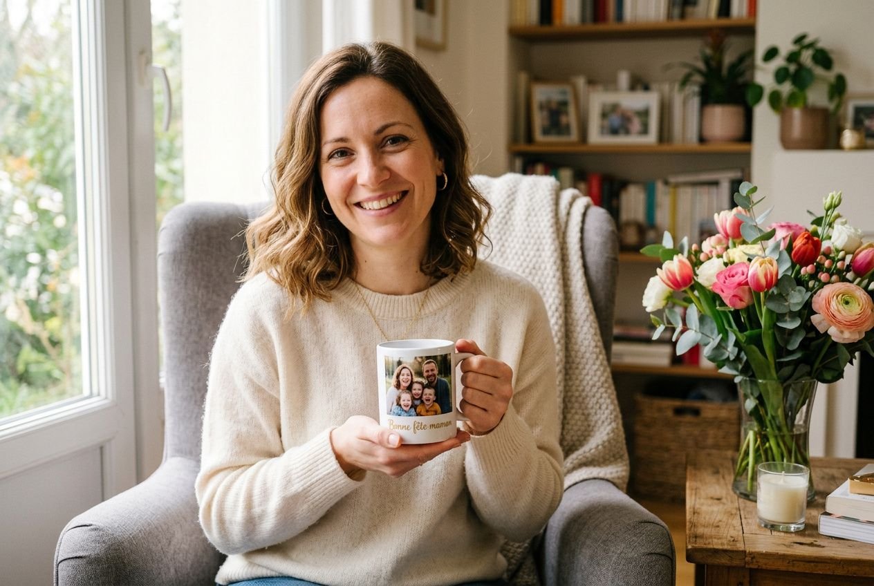 Femme souriante assise en fauteuil, tenant une tasse personnalisée avec photo, décor chaleureux et bouquet de fleurs sur la table, idées cadeaux fête des mères.