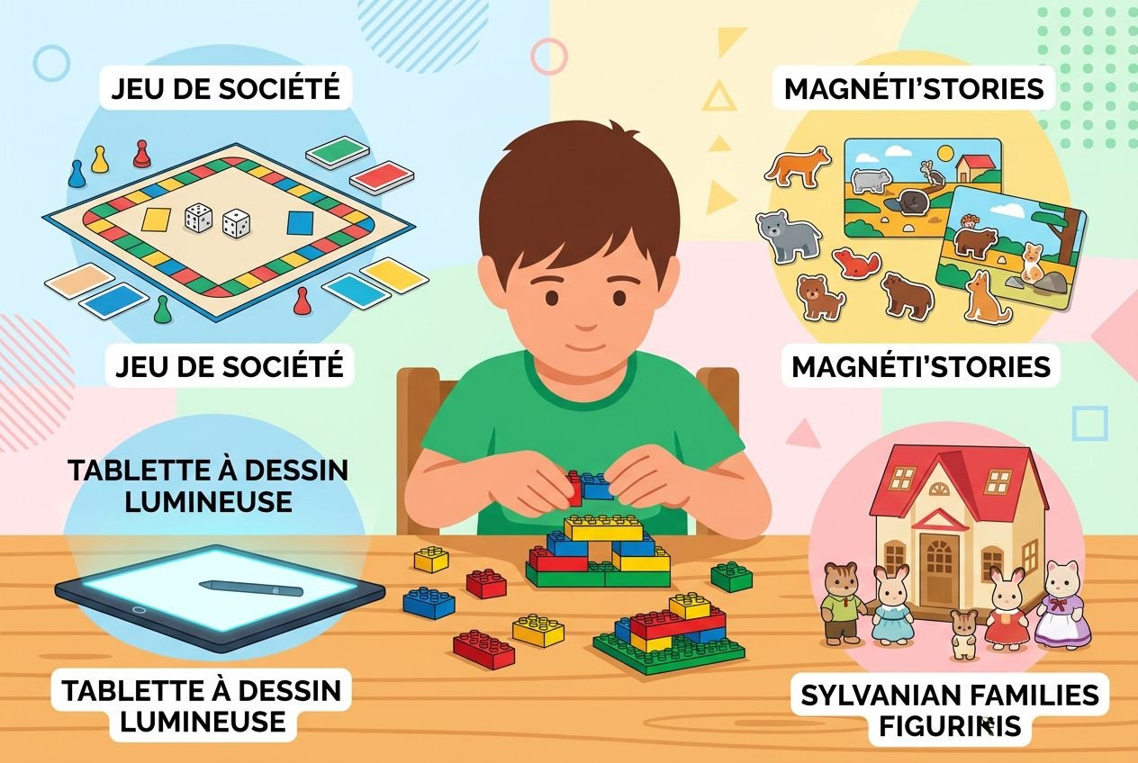 Jeu de société, puzzle et jouets lumineux pour enfant autour d’un garçon construisant avec des briques colorées. idées cadeaux anniversaire enfant.