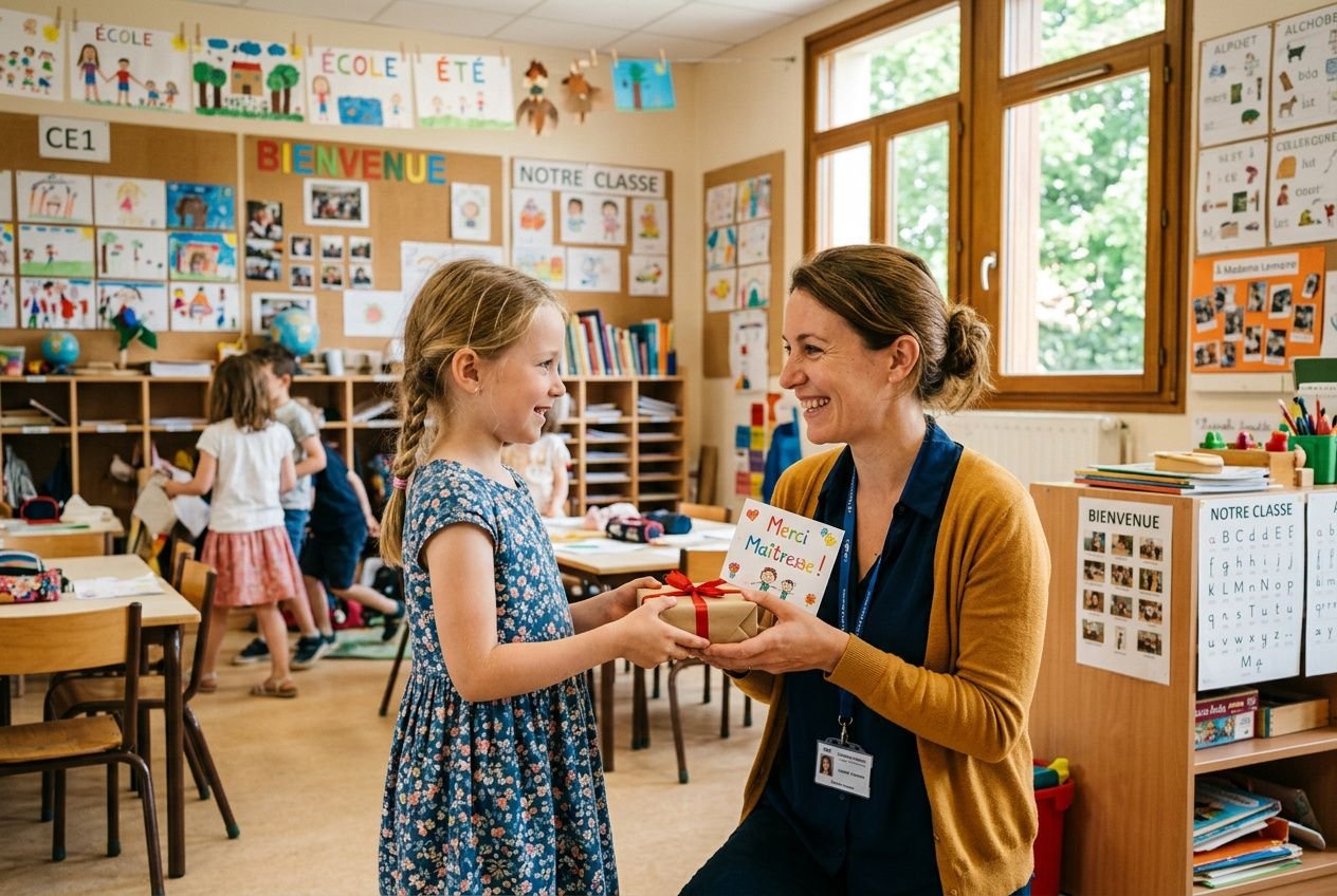 Jeune élève offrant un petit cadeau à sa maîtresse dans une classe, ambiance chaleureuse et smile.