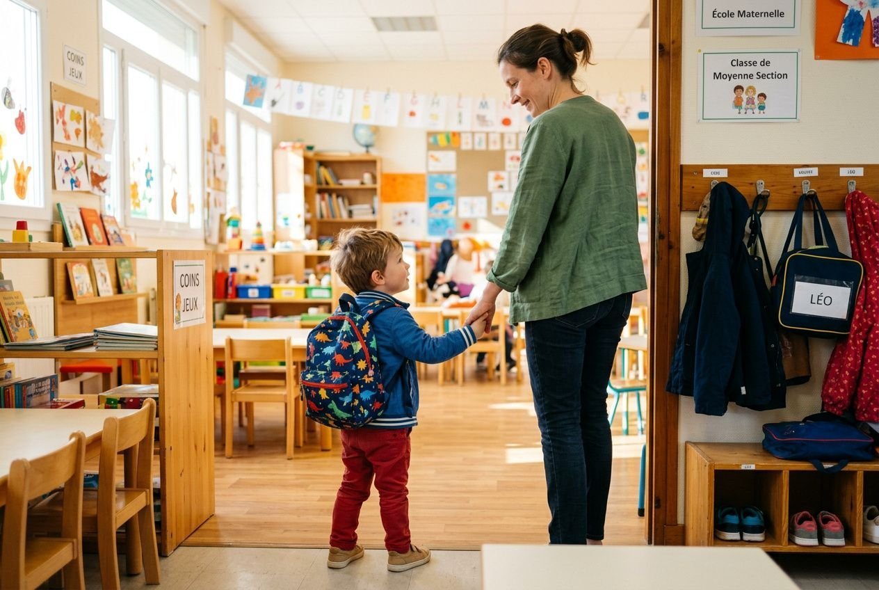 Une maman tient la main de son enfant dans une école maternelle, prêt pour la rentree des classes maternelle, avec un sac à dos coloré et des aménagements scolaires autour.