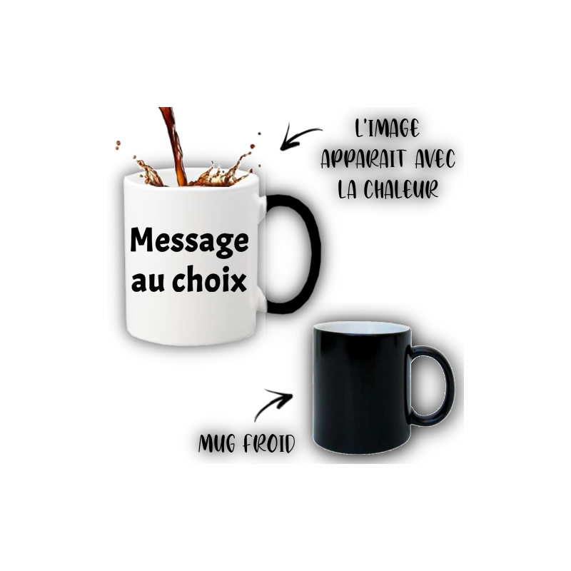 Mug blanc avec inscription personnalisable et anse noire, démonstration de mug chauffant avec eau chaude et variant en mug froid noir. Mug personnalisé pour baptême intégré
