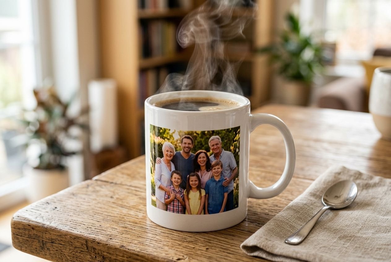 Mug photo personnalisé avec une image de famille, fumant café sur une table en bois, idée cadeau fête des pères personnalisés.