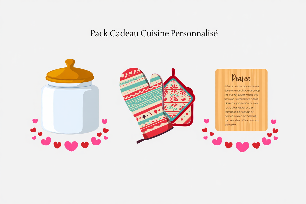 Pack cadeau cuisine personnalisé avec pot en verre, gants de cuisine décoratifs et planche en bois, entourés de cœurs. créer cadeau fête des mères personnalisé