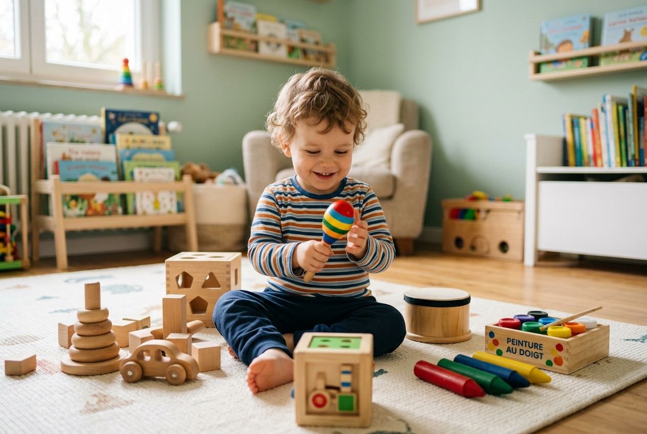 Petit garçon riant en jouant avec des jouets d'éveil et de construction en bois. Idées cadeaux anniversaire enfant pour stimuler imagination et motricité.