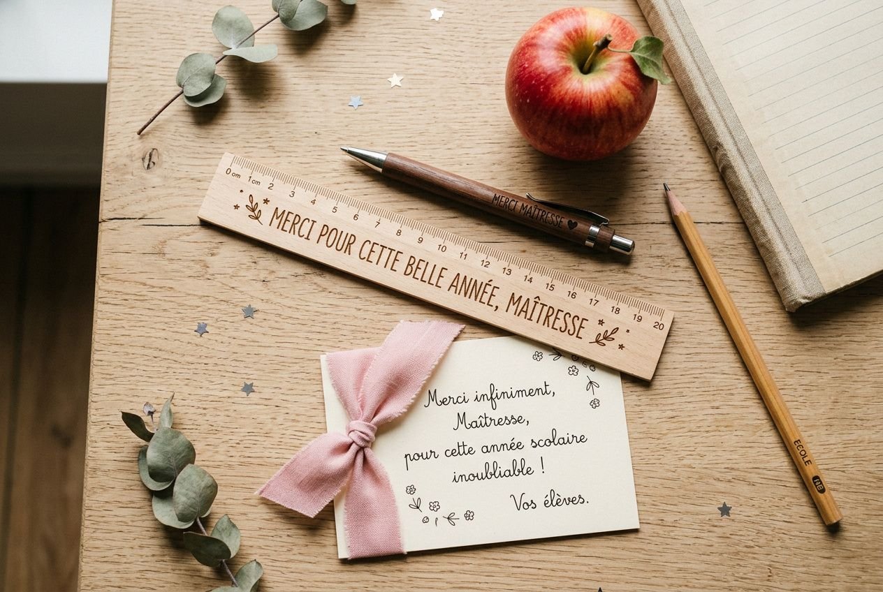 Petite carte de remerciement pour la maîtresse, accompagnée d’un ruban rose et d’un crayon, sur une table en bois avec pomme et règle gravée “MERCI POUR CETTE BELLE ANNÉE, MAÎTRESSE”.