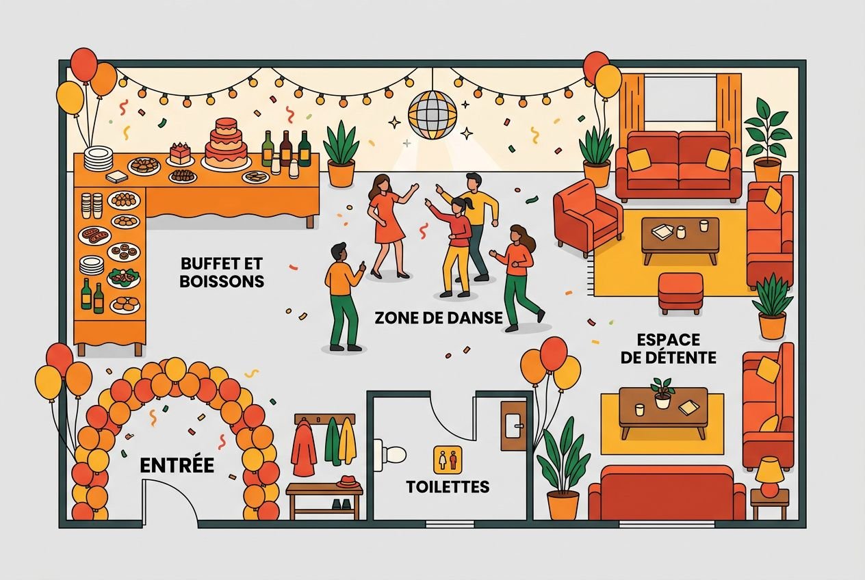 Plan d’un espace fête illustré: entrée décorée, zone d’animation danse, buffet et boissons, espace détente avec canapés, toilettes, et décorations festives. Intègre le thème “comment organiser une fête d'anniversaire” de manière fluide.