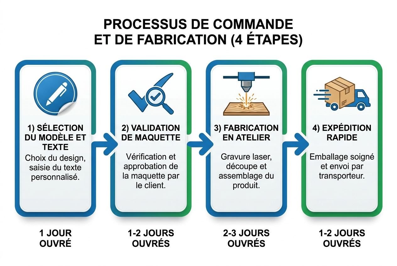 Processus de commande et de fabrication (4 étapes) pour étiquettes en bois personnalisées mariage: sélection, validation, fabrication en atelier et expédition rapide.
