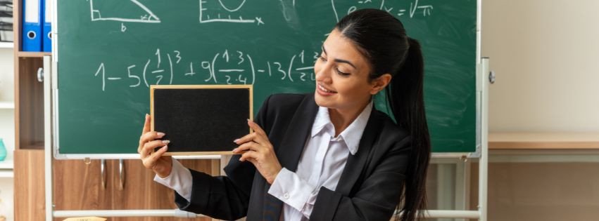 Professeure souriante tenant un petit tableau noir en classe, près d’un tableau vert avec des équations. fin d'année enseignant