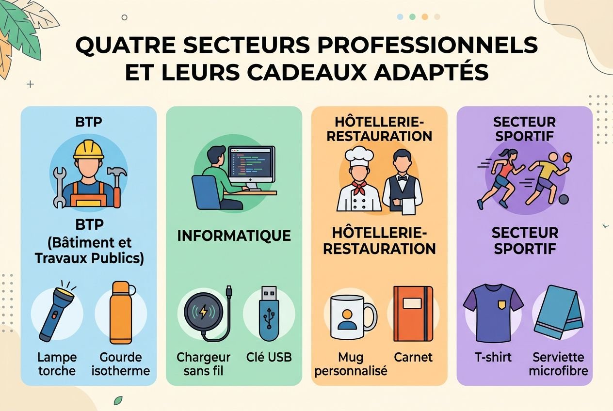 Quatre secteurs professionnels et leurs cadeaux adaptés, illustrant BTP, informatique, hôtellerie-restauration et secteur sportif pour cadeaux personnalisés entreprise et contexte professionnel.
