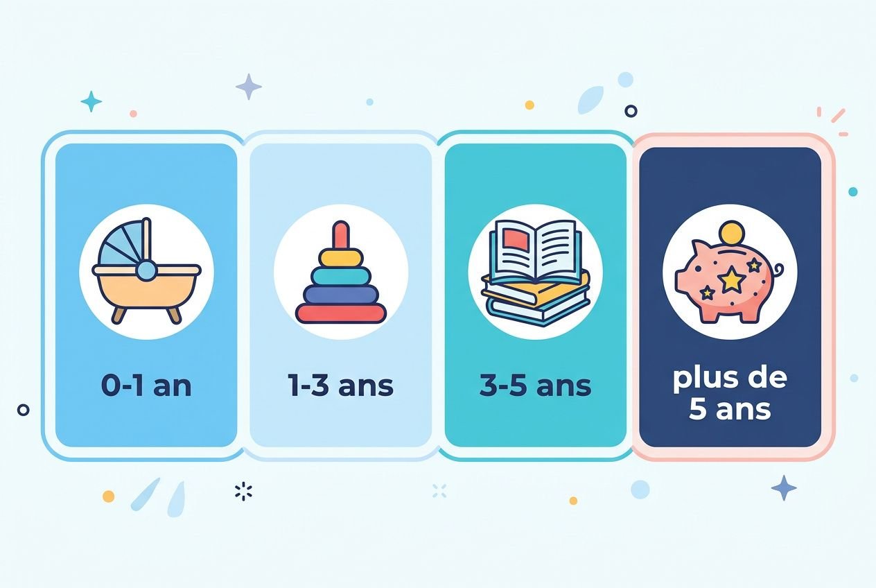 Quoi offrir à un baptême garçon : pictogrammes d’âges 0-1, 1-3, 3-5 et plus de 5 ans avec bébé landau, tipi, livres et tirelire, thème cadeau baptême garçon.