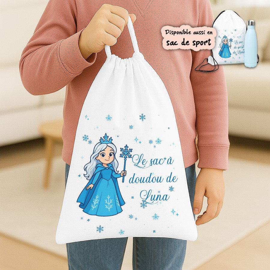 Sac à dos/pochon façon tirage montrant une princesse d'hiver, édition bleue, dédié à la rentrée des classes maternelle.