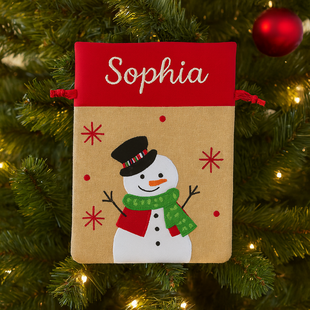 Sac cadeau décoré d’un bonhomme de neige, avec prénom Sophia en haut et motifs festifs sur fond naturel. brodé pour grand père