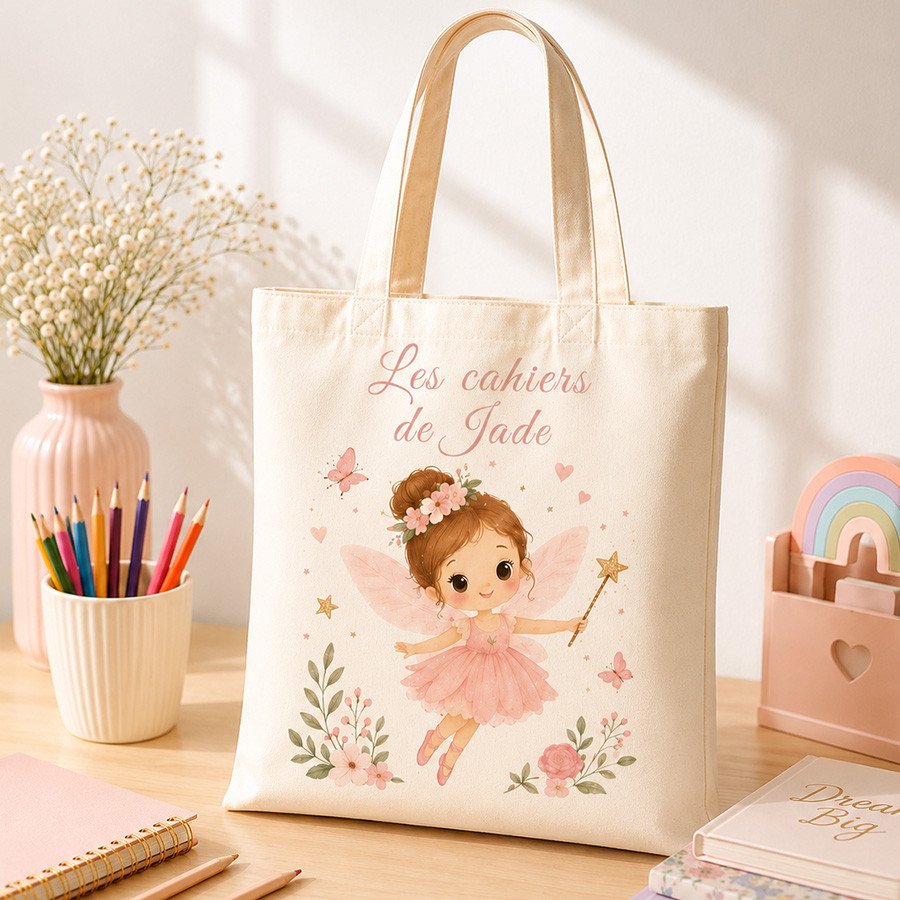 Sac en tissu beige avec illustration d’une petite fée et le texte « Les cahiers de Jade », idéal pour l’entrée en 6ème et la rentrée au collège.