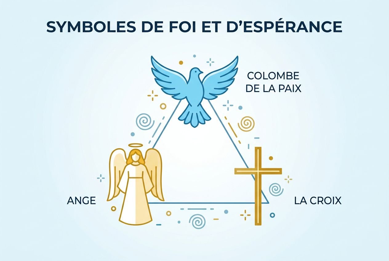 Symboles de foi et d’espoir: colombe, angel, croix et triangles décoratifs sur fond bleu, texte “Symboles de foi et d’espérance”. Integrates: quoi offrir à un baptême garçon.