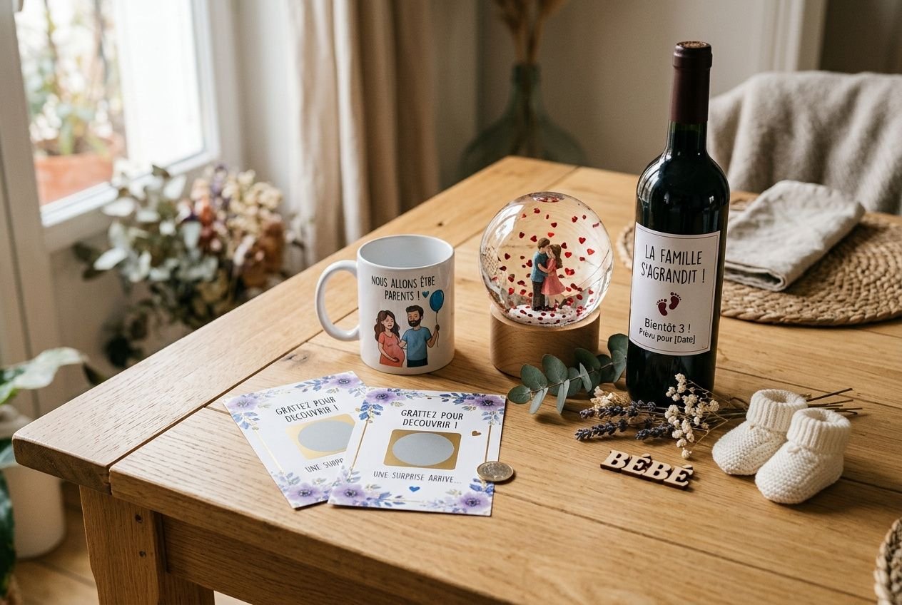 Table décorée avec coffrets et cartes d’annonce, bouteille de vin, mugs illustrés et chaussons, prêts pour une annonce grossesse. Annonces grossesse cadeaux révélation idéales.