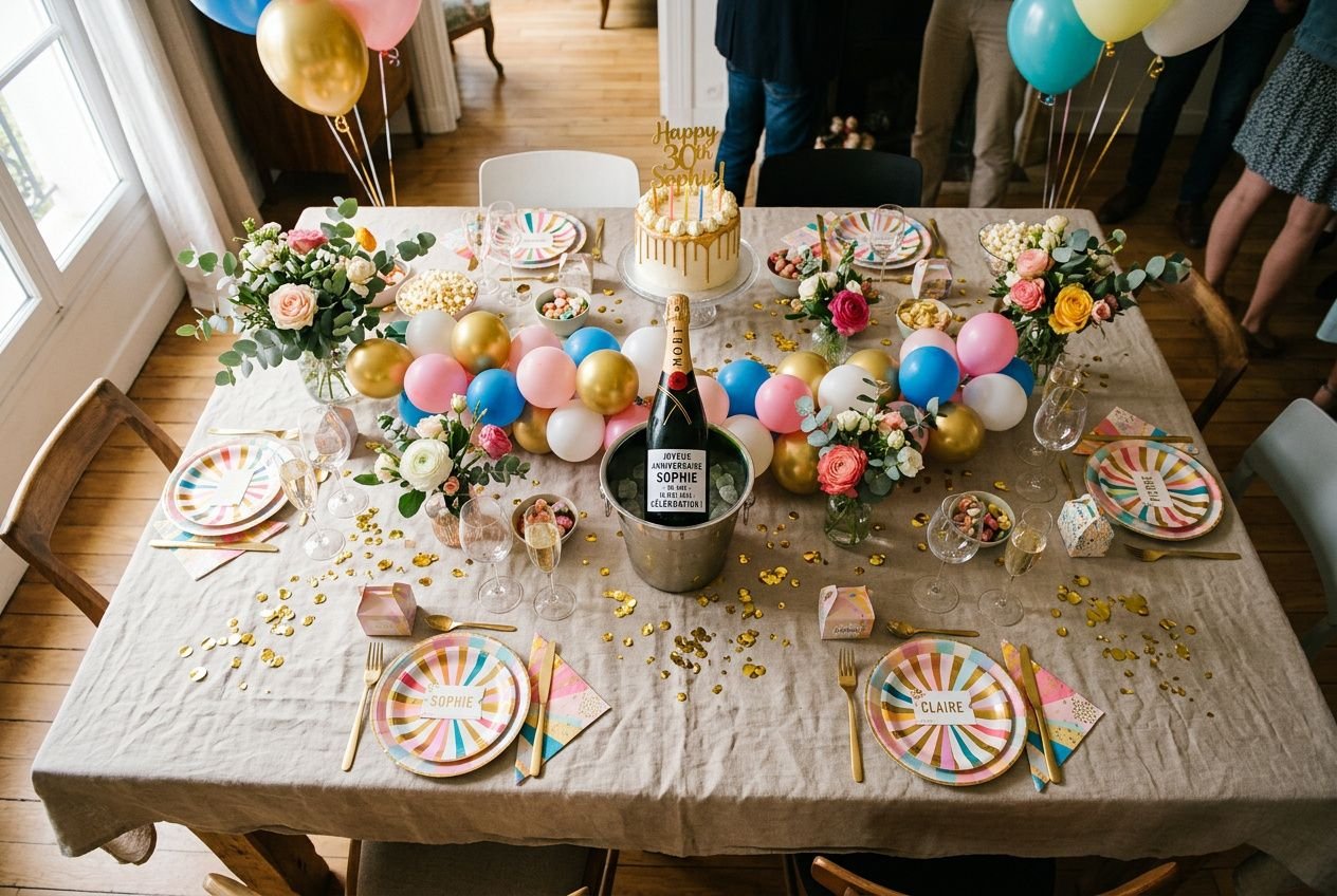 Table festive dressée pour anniversaire avec gâteau, bouteilles et ballons colorés; décoration florale et confettis. Comment organiser une fête d'anniversaire
