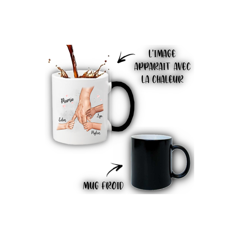 Tasse blanche à couvercle noir montrant du café qui se déverse, avec dessin de mains se tenant entre elles et noms: Mamie, Eden, Lyla, Dylan; tasse noire froide à côté. ce qui fait plaisir aux personnes âgées.