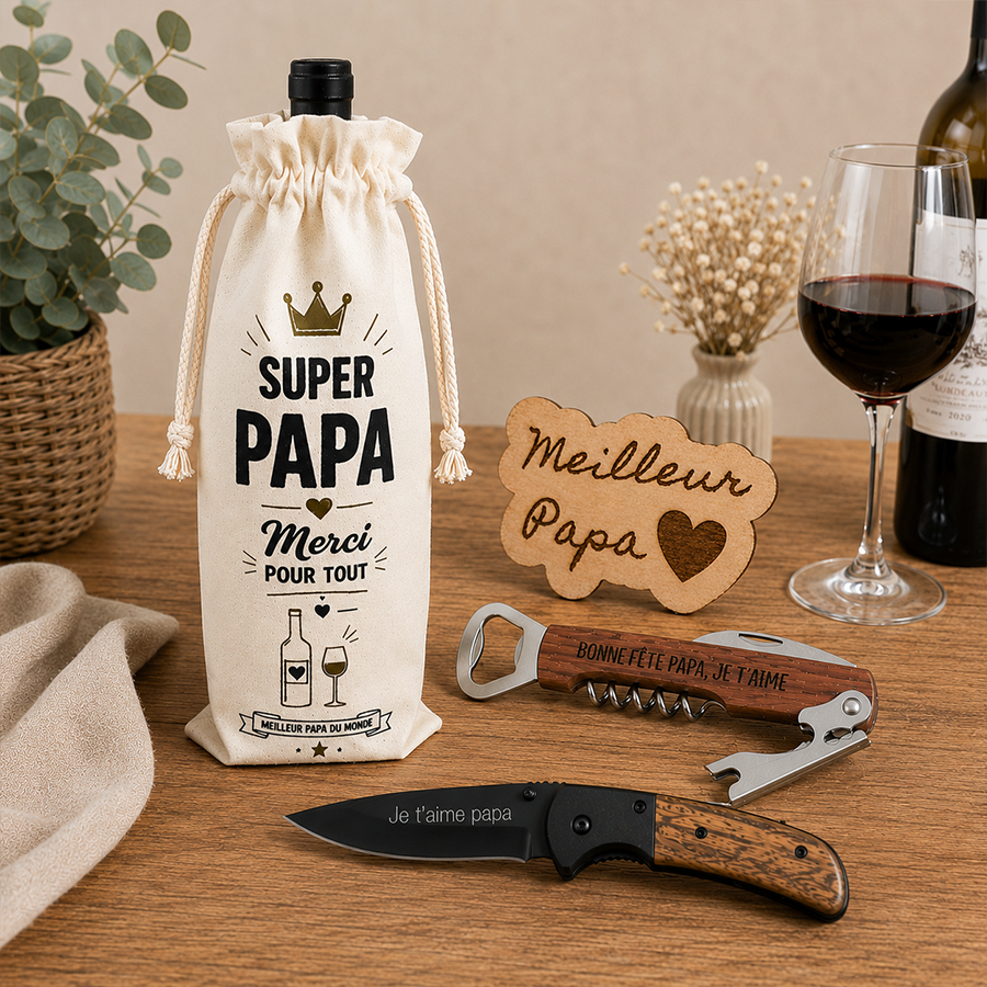 Verre et accessoires gravés: bouteille dans une pochette en coton "SUPER PAPA" avec message, verre de vin, bouchon, couteau-poignée bois gravé et tire-bouchon, décoration "Meilleur Papa" et message "Bonne fête papa, je t’aime". Cadeau personnalisé pour grand père par gravure.
